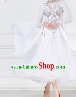 Professional Modern Dance Waltz Competition Diamante White Dress International Ballroom Dance Costume for Women