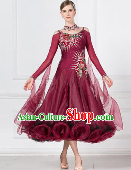 Professional Modern Dance Waltz Wine Red Dress International Ballroom Dance Competition Costume for Women