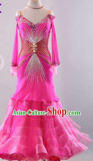 Professional Modern Dance Waltz Rosy Dress International Ballroom Dance Competition Costume for Women