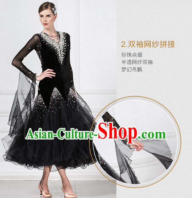 Professional Modern Dance Waltz Competition Black Dress International Ballroom Dance Costume for Women