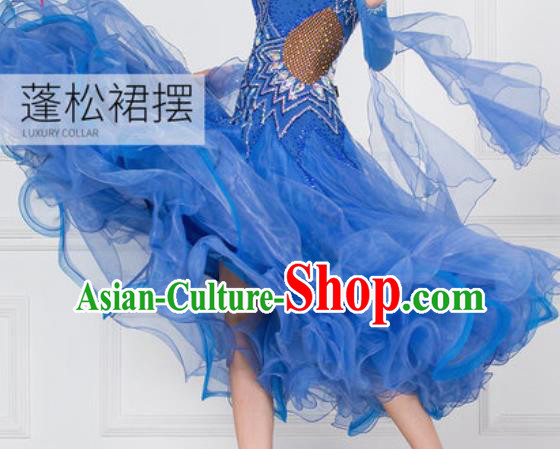 Professional Modern Dance Waltz Blue Dress International Ballroom Dance Competition Costume for Women