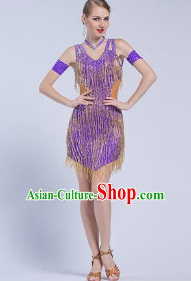 Top Latin Dance Competition Tassel Purple Dress Modern Dance International Rumba Dance Costume for Women