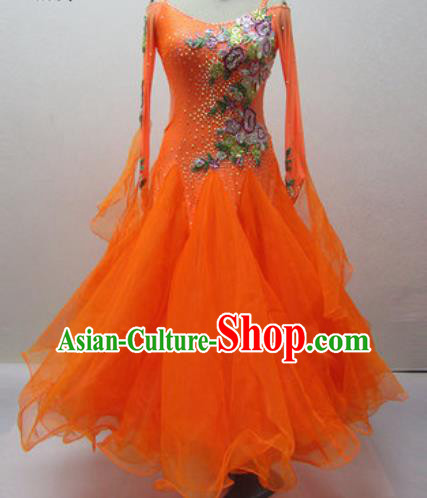 Top Waltz Competition Modern Dance Orange Dress Ballroom Dance International Dance Costume for Women