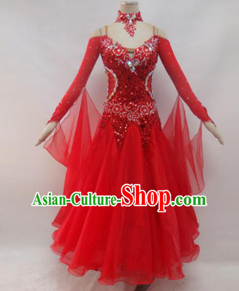 Professional Waltz Dance Red Sequins Dress Modern Dance Ballroom Dance International Dance Costume for Women
