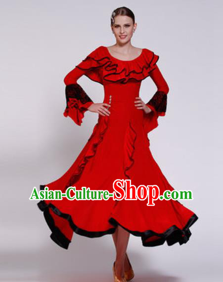 Professional Waltz Competition Modern Dance Red Bubble Dress Ballroom Dance International Dance Costume for Women