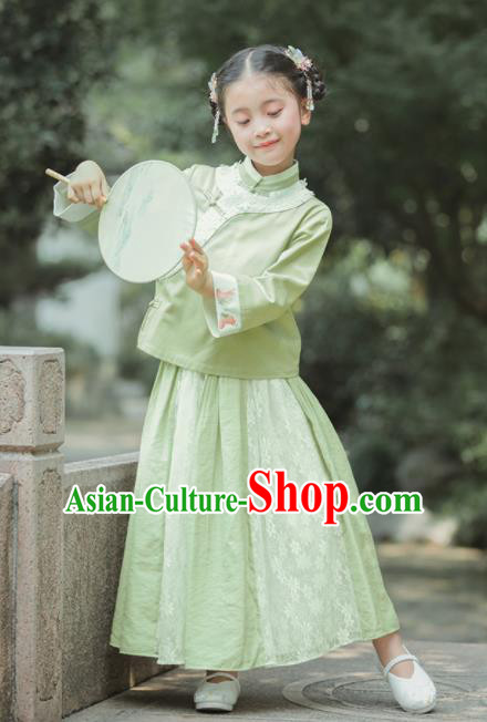 Chinese National Girls Green Cheongsam Costume Traditional New Year Qipao Dress for Kids