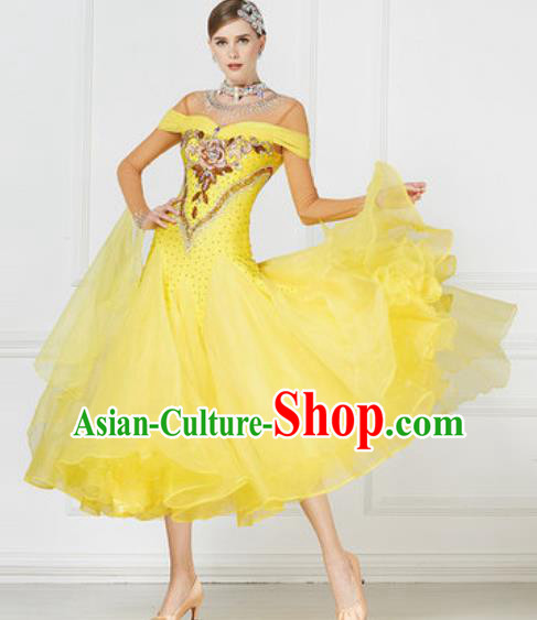 Top Grade Modern Dance Yellow Veil Dress Ballroom Dance International Waltz Competition Costume for Women