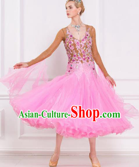 Top Grade Modern Dance Pink Veil Dress Ballroom Dance International Waltz Competition Costume for Women