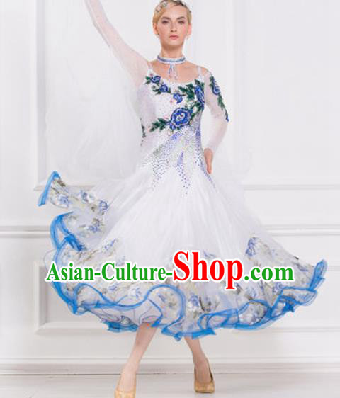 Top Grade Modern Dance Embroidered White Dress Ballroom Dance International Waltz Competition Costume for Women