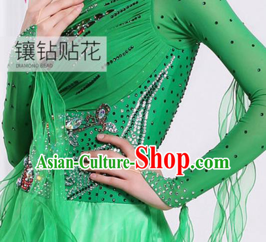 Top Waltz Competition Modern Dance Diamante Green Dress Ballroom Dance International Dance Costume for Women