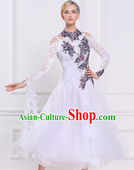 Top Waltz Competition Modern Dance Embroidered White Lace Dress Ballroom Dance International Dance Costume for Women