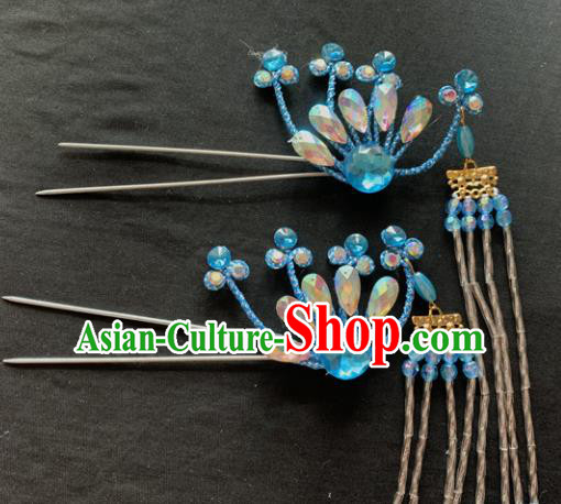 Chinese Beijing Opera Diva Blue Phoenix Tassel Hairpins Headgear Traditional Peking Opera Queen Hair Accessories for Women