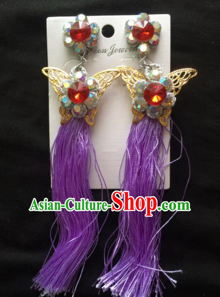 Chinese Beijing Opera Diva Purple Tassel Butterfly Earrings Traditional Peking Opera Princess Ear Accessories for Women