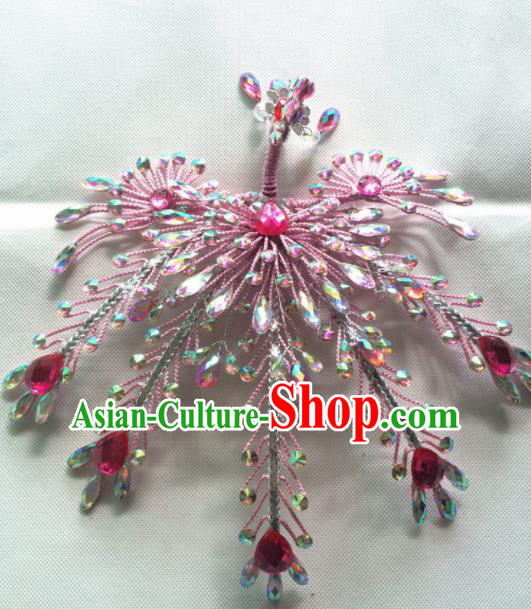Chinese Beijing Opera Queen Pink Phoenix Hair Crown Hairpins Traditional Peking Opera Diva Hair Accessories for Women
