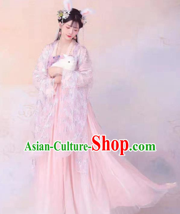 Ancient Chinese Goddess Pink Hanfu Dress Tang Dynasty Court Princess Historical Costumes for Women