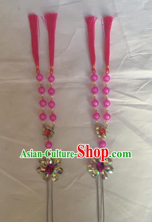 Chinese Beijing Opera Diva Rosy Beads Tassel Hairpins Traditional Peking Opera Hair Accessories for Women