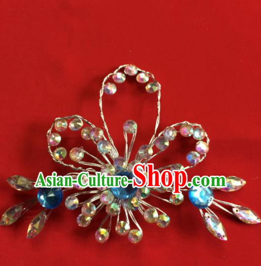 Chinese Beijing Opera Actress Blue Crystal Hair Stick Traditional Peking Opera Princess Hair Accessories for Women