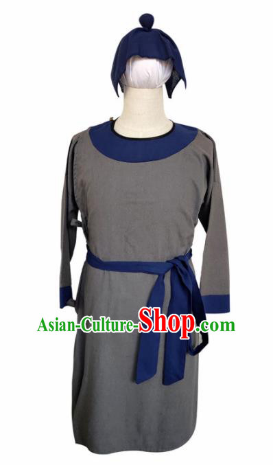 Chinese Ancient Civilian Grey Robe Traditional Ming Dynasty Teahouse Waiter Costume for Men