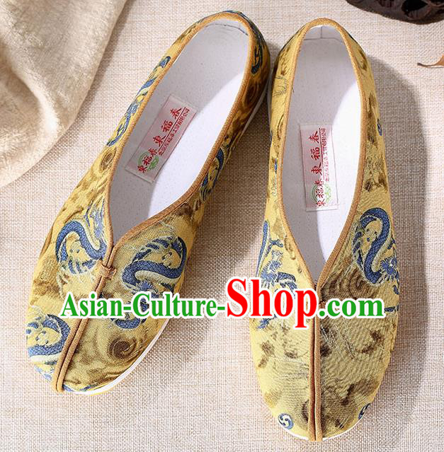 Chinese Traditional Handmade Embroidered Dragon Yellow Cloth Shoes National Multi Layered Cloth Shoes for Men