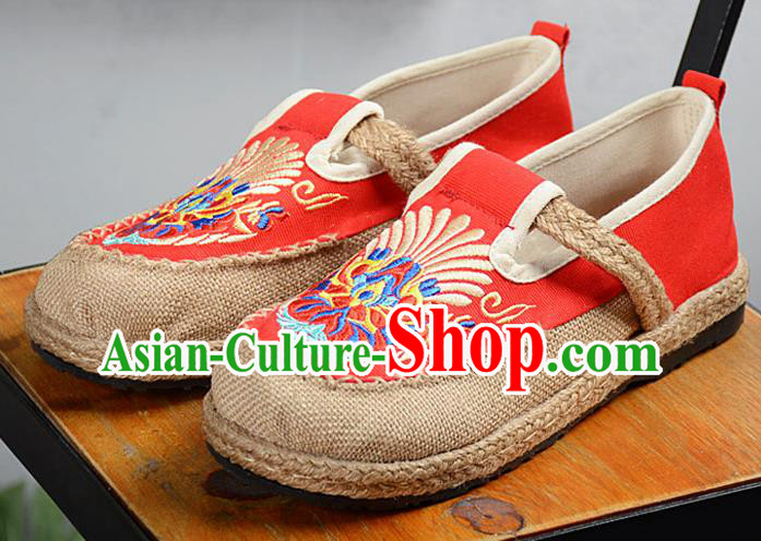 Chinese Traditional Handmade Embroidered Red Flax Shoes National Multi Layered Cloth Shoes for Men