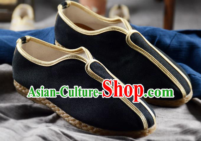 Traditional Chinese Handmade Black Flax Shoes National Multi Layered Cloth Shoes for Men