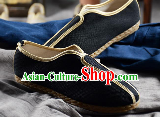 Traditional Chinese Handmade Black Flax Shoes National Multi Layered Cloth Shoes for Men