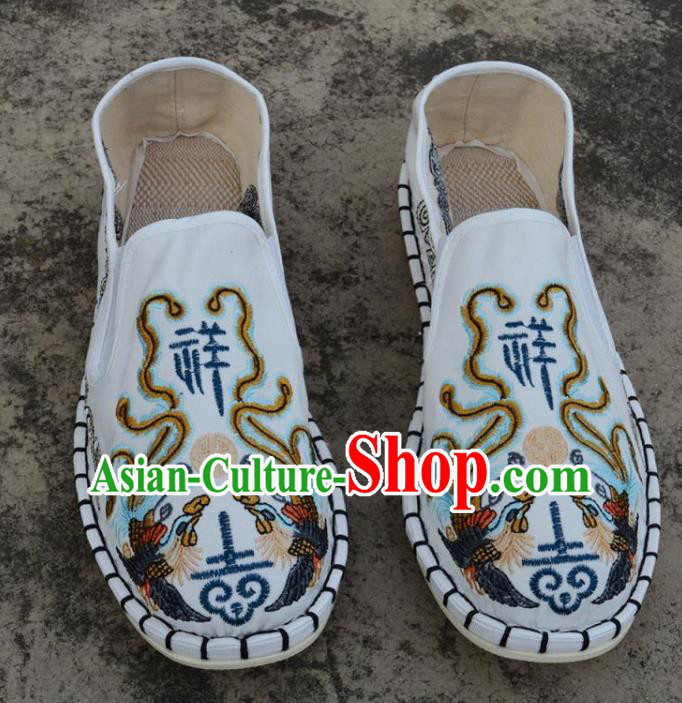 Traditional Chinese Embroidered Phoenix White Shoes Handmade Flax Shoes National Multi Layered Cloth Shoes for Men