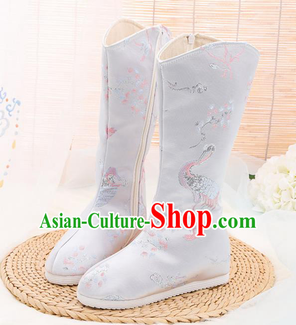 Traditional Chinese Embroidered Crane White Boots Handmade Cloth Shoes National Cloth Shoes for Women