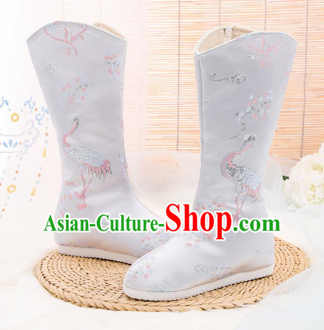 Traditional Chinese Embroidered Crane White Boots Handmade Cloth Shoes National Cloth Shoes for Women