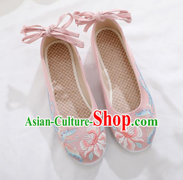 Traditional Chinese Embroidered Peony Butterfly Pink Shoes Handmade Cloth Shoes National Cloth Shoes for Women