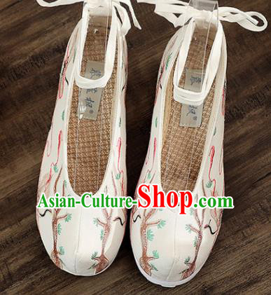 Traditional Chinese Embroidered Crane Beige Shoes Handmade Cloth Shoes National Cloth Shoes for Women