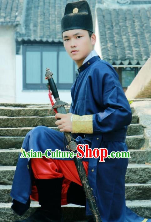 Chinese Ancient Swordsman Blue Clothing Traditional Ming Dynasty Imperial Bodyguard Costume for Men