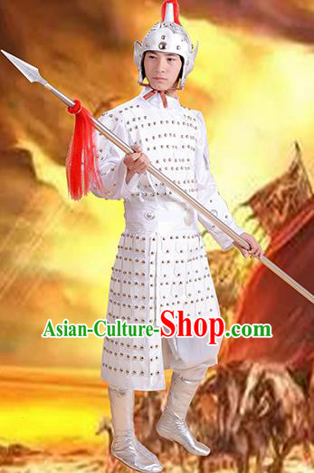 Chinese Ancient Traditional Tang Dynasty General Costume White Helmet and Armour for Men