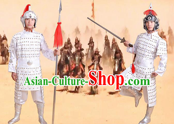 Chinese Ancient Traditional Tang Dynasty General Costume White Helmet and Armour for Men