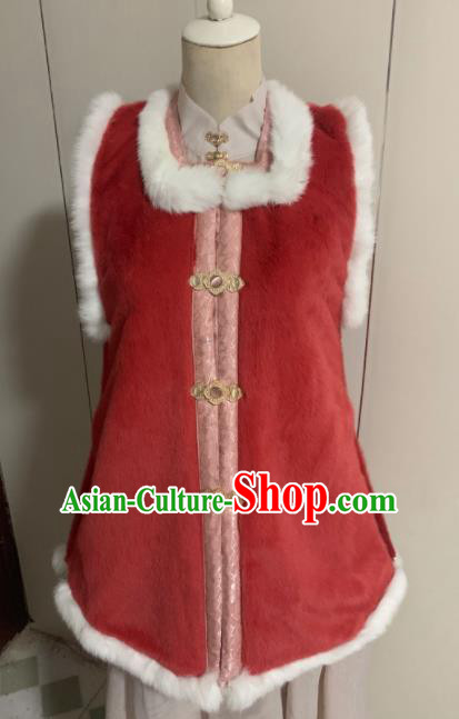 Chinese Ancient Traditional Ming Dynasty Court Queen Costume Winter Red Vest for Women