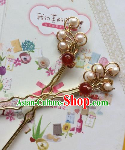 Chinese Ancient Princess Agate Pearls Hairpins Traditional Court Hair Accessories for Women