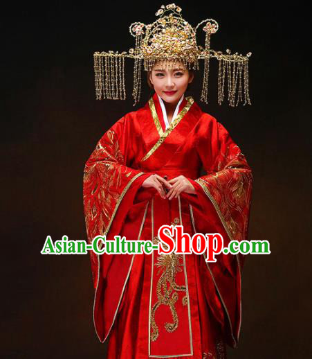 Chinese Ancient Royal Princess Wedding Red Hanfu Dress Traditional Han Dynasty Court Bride Costumes and Headpiece for Women