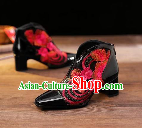 Traditional Chinese Embroidered Flowers Black Leather Shoes National High Heel Shoes for Women