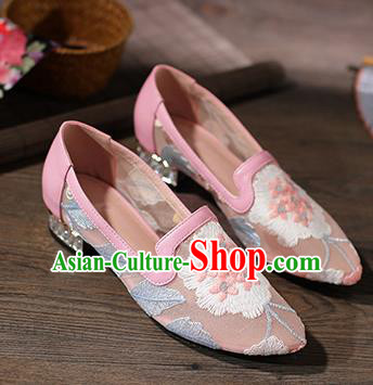 Traditional Chinese Handmade Embroidered Pink Shoes National High Heel Shoes for Women