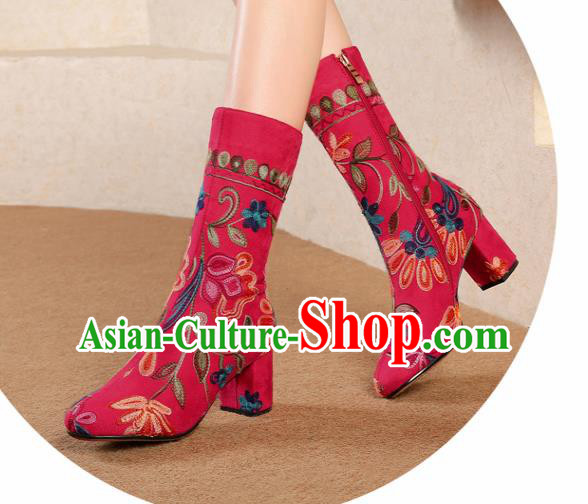 Traditional Chinese Handmade Embroidered Red Boots National High Heel Shoes for Women
