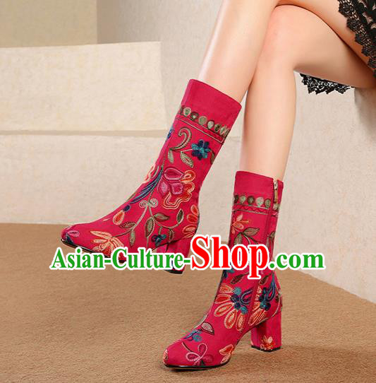 Traditional Chinese Handmade Embroidered Red Boots National High Heel Shoes for Women