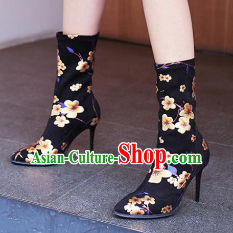 Traditional Chinese Handmade Printing Plum Black Boots National High Heel Shoes for Women