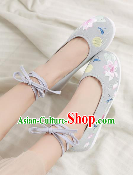 Traditional Chinese Handmade Embroidered Lotus Grey Shoes Hanfu Shoes National Cloth Shoes for Women