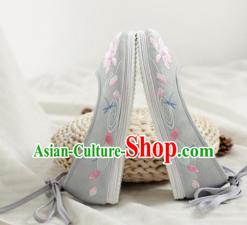 Traditional Chinese Handmade Embroidered Lotus Grey Shoes Hanfu Shoes National Cloth Shoes for Women
