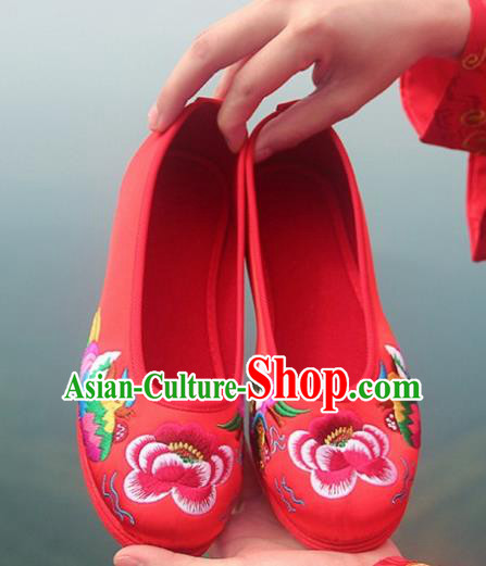 Traditional Chinese Handmade Embroidered Mandarin Duck Red Shoes Hanfu Wedding Shoes National Cloth Shoes for Women