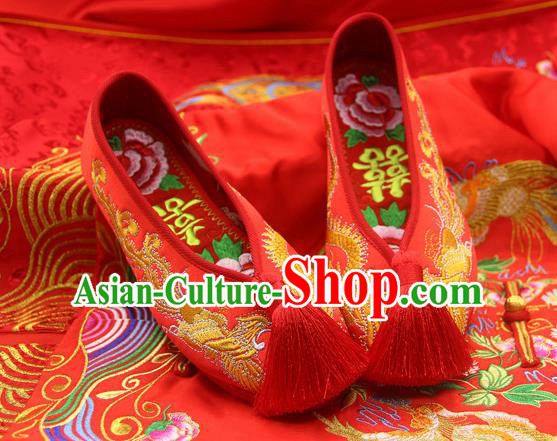Traditional Chinese Handmade Embroidered Phoenix Red Shoes Hanfu Wedding Shoes National Cloth Shoes for Women