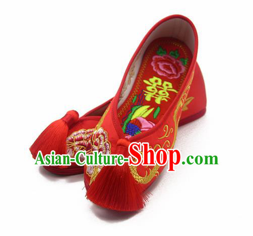Traditional Chinese Handmade Embroidered Phoenix Peony Red Shoes Hanfu Wedding Shoes National Cloth Shoes for Women