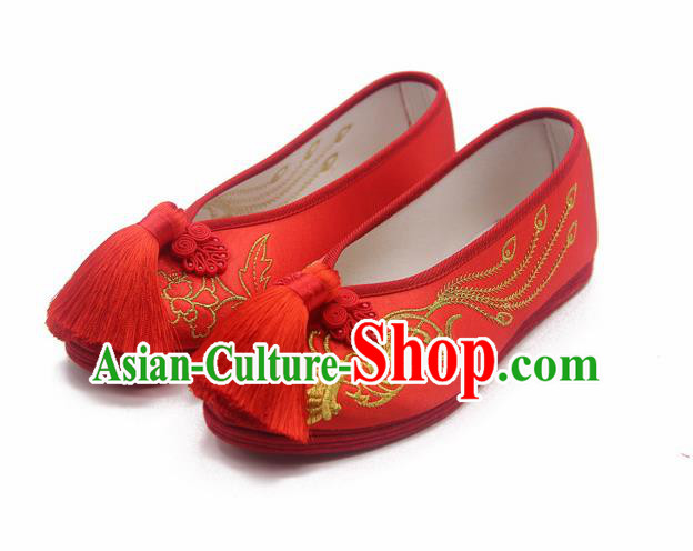 Traditional Chinese Embroidered Phoenix Red Shoes Handmade Hanfu Wedding Shoes National Cloth Shoes for Women