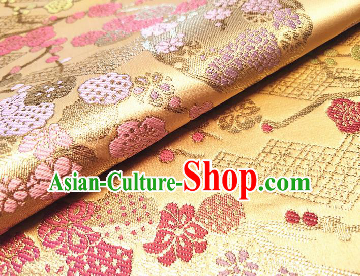 Asian Japan Traditional Plum Pattern Design Golden Brocade Damask Fabric Kimono Satin Material
