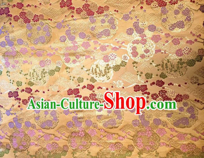 Asian Japan Traditional Plum Pattern Design Golden Brocade Damask Fabric Kimono Satin Material
